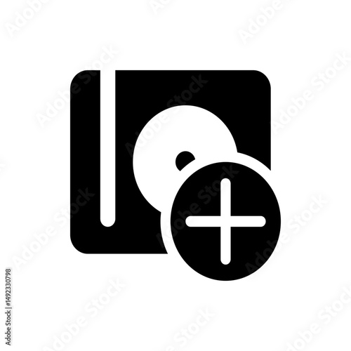 A black and white icon depicting a hard drive with a plus sign indicating adding or creating a new storage