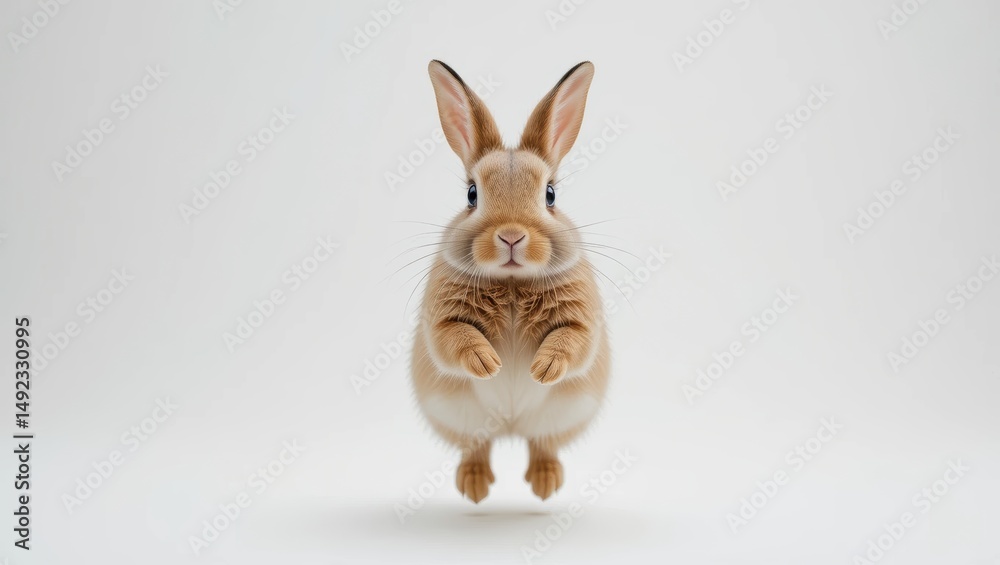 Obraz premium Playful Rabbit Jumping in Mid Air Against a White Background with Fluffy Fur and Expressive Eyes