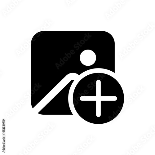 A black and white icon depicting a landscape image with a plus sign overlayed on the lower right corner