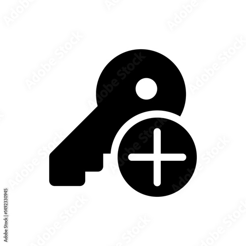 A black key icon with a circular plus sign indicating adding a new key or access with a white background