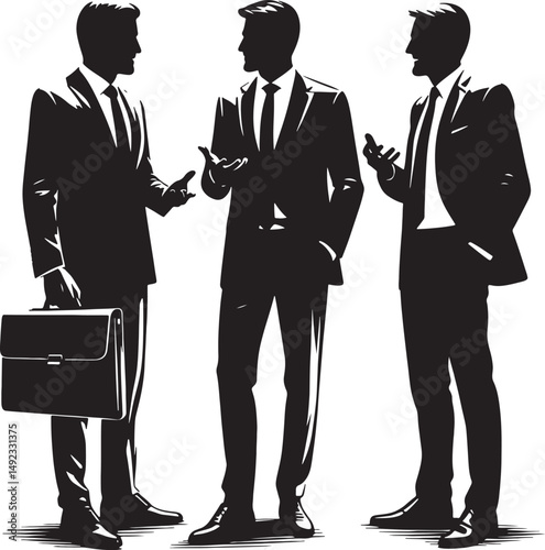 Three businessmen in suits discussing business strategy in a monochrome illustration