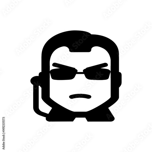 A stylized black and white illustration of a man wearing sunglasses and a headset with a serious expression
