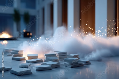 Cloud of mist rising from scattered books in a modern indoor space with subtle lighting effects