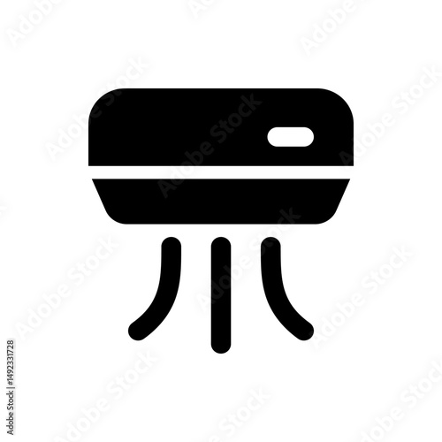 A black and white illustration of an air conditioner unit with air flow depicted in a simple graphic style