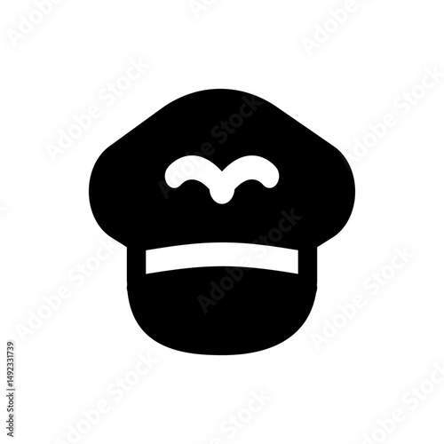 A black and white graphic illustration of a peaked cap with a white detail on the top front side