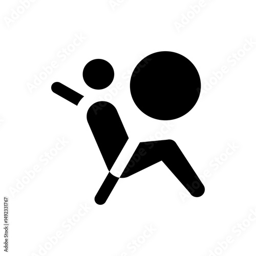 A black and white icon depicting a person being protected by an airbag during a car accident impact