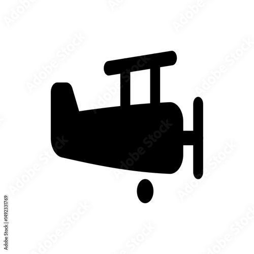 A simple black silhouette of a biplane with visible propeller and wheels against a white background plane