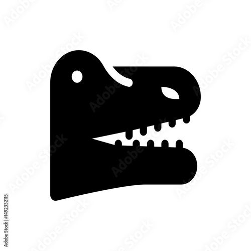 Illustration of a black crocodile head with open mouth displaying teeth and a visible eye on white background