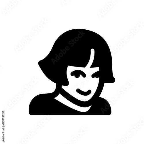 Illustration of a woman with short black hair and a smile, depicted in a simple, minimalist style design