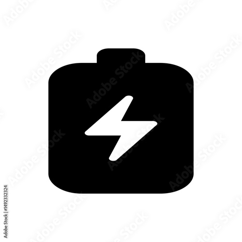Illustration of a black battery with a white lightning bolt indicating power charging on a white background