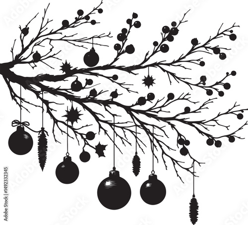 A black and white drawing of a branch with ornaments and berries hanging from it art