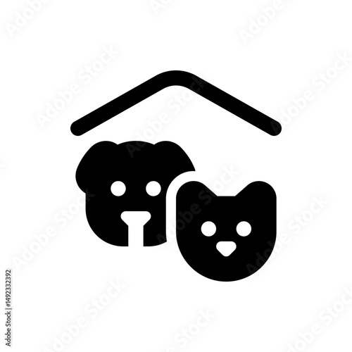 Black and white illustration of a dog and a cat under a roof representing pet care and animal shelter icon