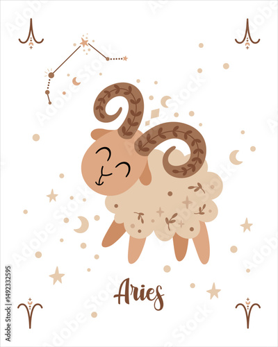Cute Aries star sign poster for kids - zodiac baby wall art. Aries zodiac baby card in cartoon flat style.