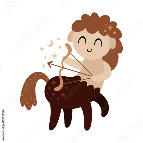 Sagittarius Zodiac sign clipart in boho style - cute whimsical horoscope design for kids. Celestial hand drawn vector illustration in cartoon flat style.