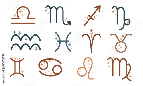 Cute boho zodiac signs - celestial horoscope clipart set. Adorable hand drawn vector illustration in flat style.