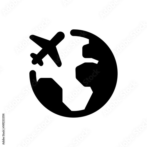 Airplane flying around the world globe icon representing international travel and global transportation network