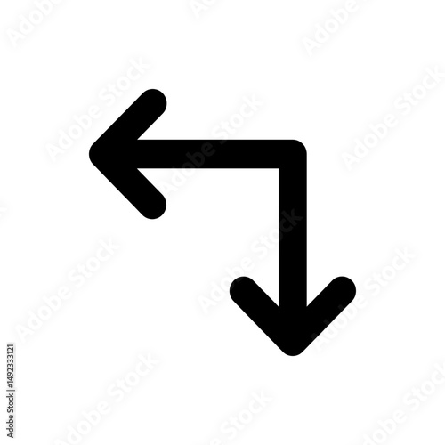 Black arrow turning left then down indicating a change in direction on a white background illustration