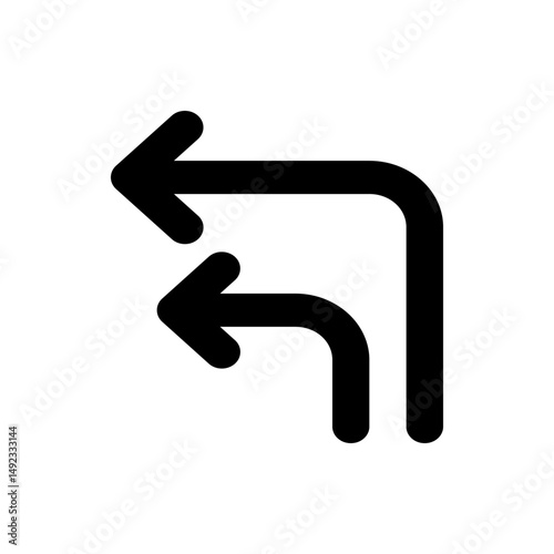 Two black left turn arrows with rounded edges indicating direction and navigation on a white background
