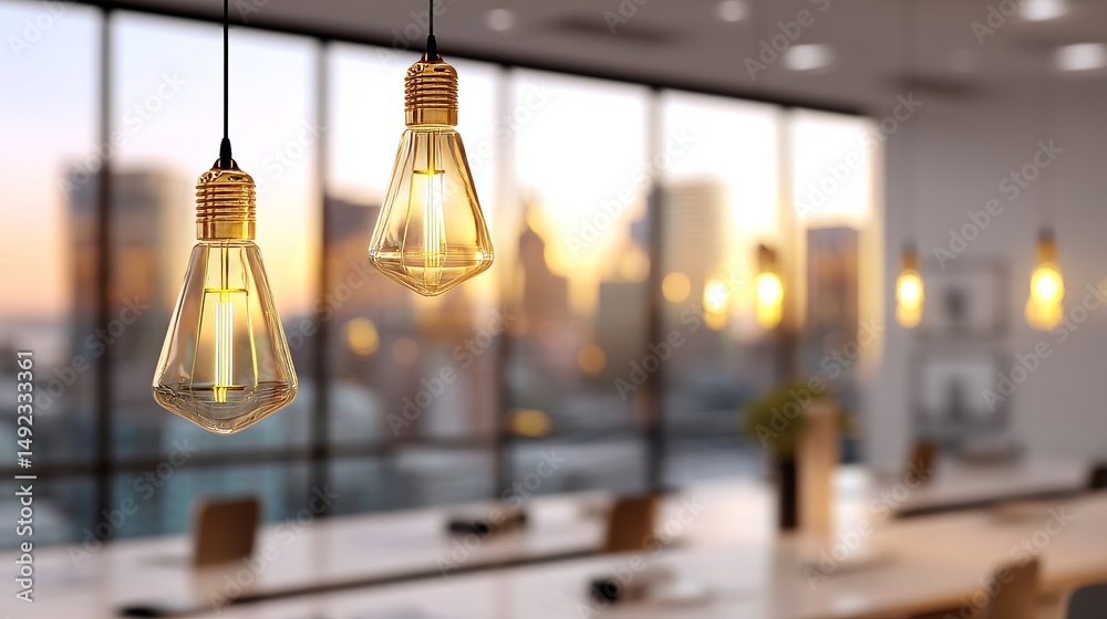 Obraz premium Elegant lighting and panoramic windows are the focal points of a modern office interior, set against a beautiful blurred background