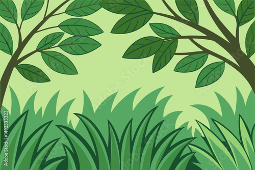 Lush greenery illustration depicting trees, leaves and grass with transparency