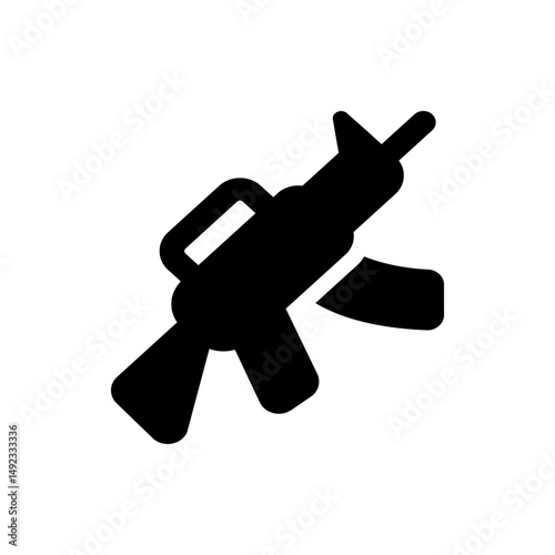 Illustration of a black assault rifle with a magazine attached, angled slightly to the right, isolated on white