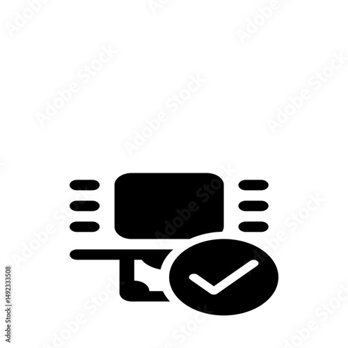A black film strip icon with rounded edges and a check mark inside a circle on the bottom right side