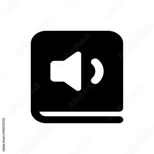 Black audiobook icon with white speaker symbol representing sound and book format for listening experience