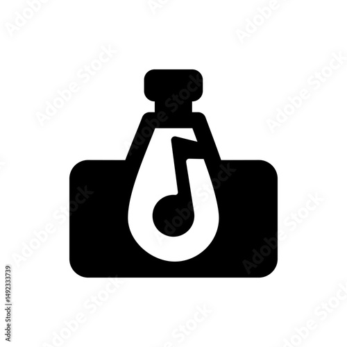 Black music note inside a white teardrop shape hanging from a black box with a black rectangular top piece