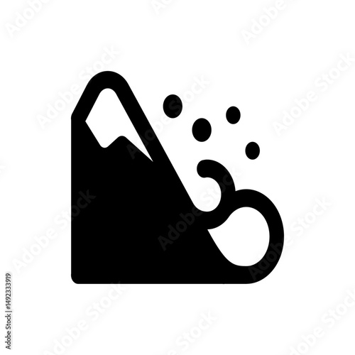 Illustration of a mountain avalanche with falling snow represented by black circles on a white background