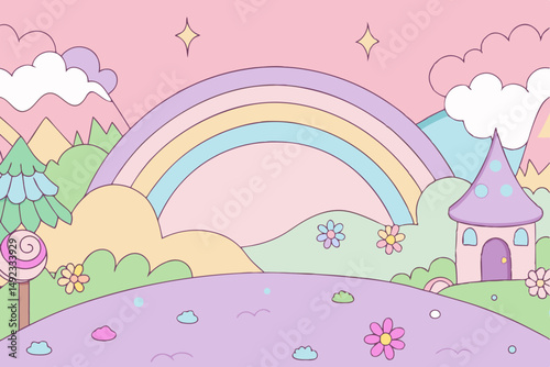 Whimsical rainbow landscape in pastel colors with flowers and house