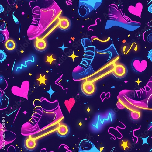 Seamless pattern of colorful neon roller skates with glowing wheels and vibrant decorative shapes on dark background, conveying fun and energetic mood