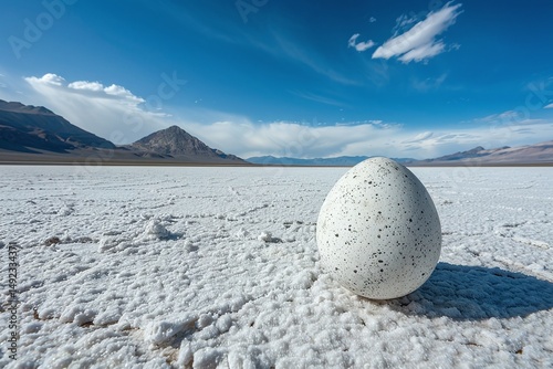 Large Speckled White Egg on a Vast Salt Flat Under a Blue Sky with Mountains in the Background Varient 1