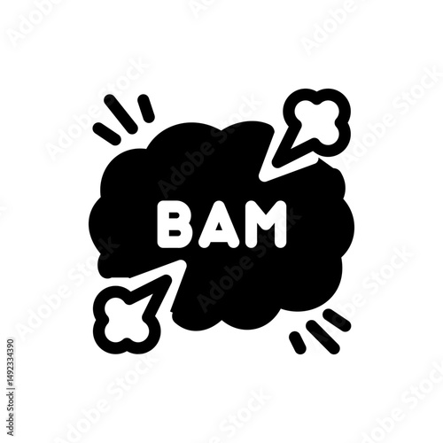 Illustration of a black cloud with the word bam in white and steam coming out of it in a cartoon style