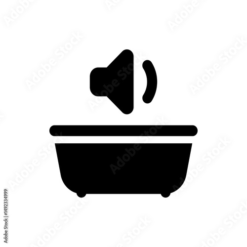 Illustration of a black bathtub with rounded edges and a speaker icon above it indicating sound waves