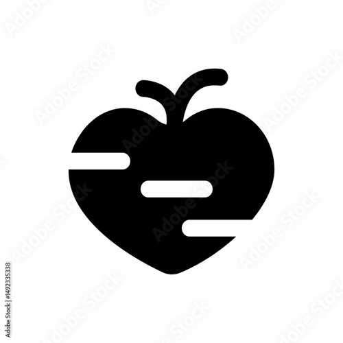 Illustration of a stylized heart shaped fruit with two stems and three white lines inside the shape