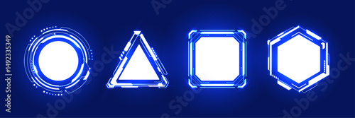 AI HUD neon frame with white shape for text. Set of futuristic design elements in geometric forms. Circle or ring frame, square HUD, triangle, and hexagon. Abstract tech game portals. Digital vector.