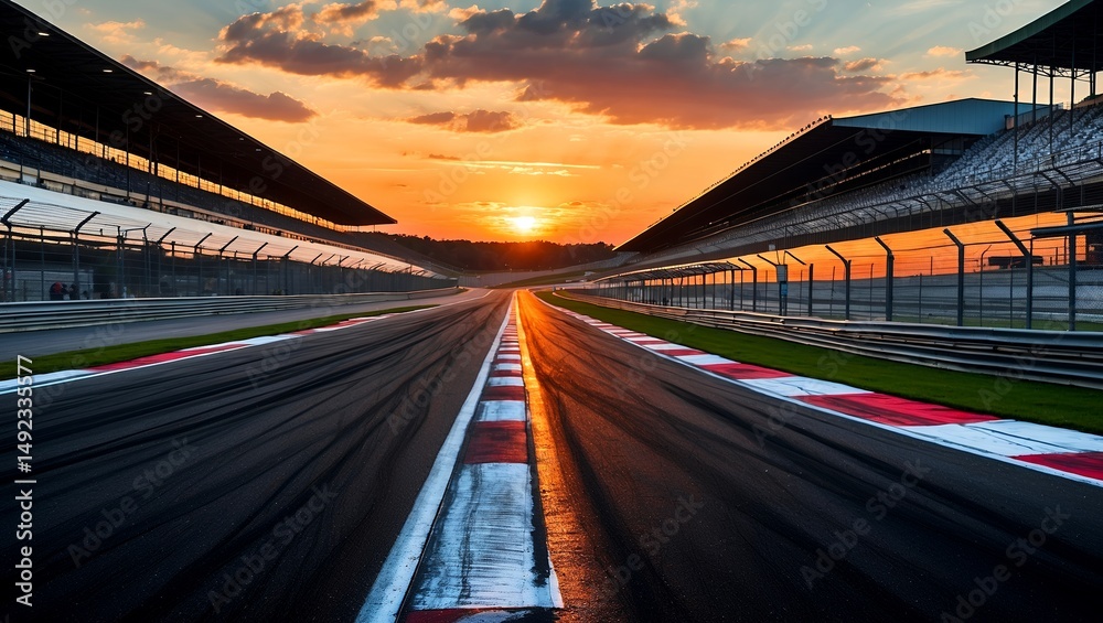 Fototapeta premium Dramatic sunset over curving racetrack asphalt