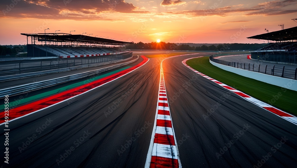 Obraz premium Dramatic sunset over curved racetrack asphalt