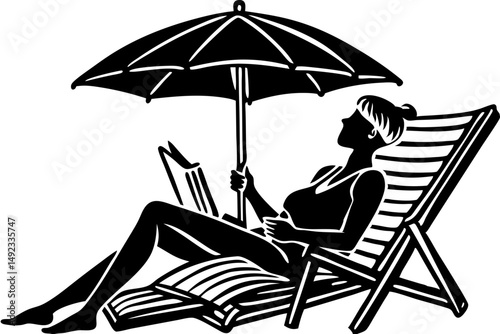 Black silhouette of a person reading in a beach chair, silhouette, person, reading, beach, chair, side profile, leisure, relaxation, book, summer, vacation, holiday, coastline, ocean, sea, sand, sun, 