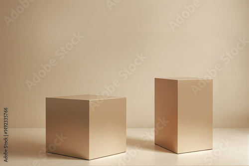 Minimalist Pearl White Podium Display – Tiered Rectangular Product Scene with Soft Studio Lighting, Clean Modern Setup for Cosmetics or Skincare