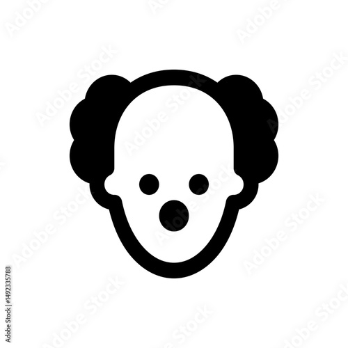 Illustration of a clown face with round eyes and mouth and curly hair on the sides of the head