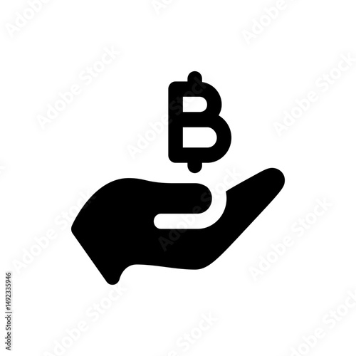 Black silhouette of a hand holding a thai baht currency symbol in a simple and modern design style icon