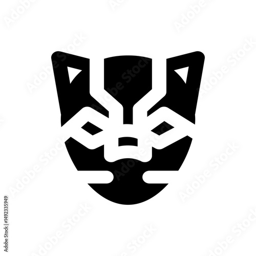 Illustration of a stylized black panther mask with geometric white accents on a white background art