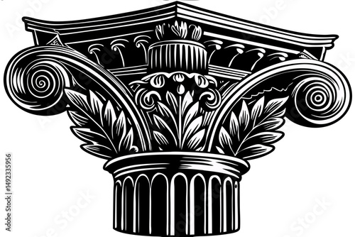 Intricate and detailed white architectural corinthian column top element, corinthian, column, capital, architecture, design, vector, illustration, graphic, art, drawing, element, isolated, ornate, cla