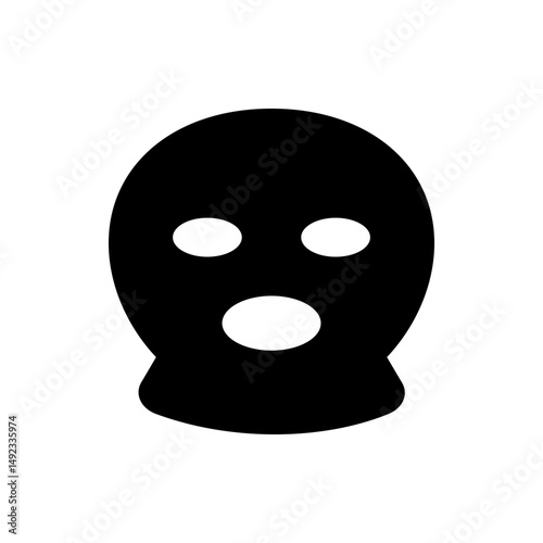 Silhouette of a person wearing a black balaclava mask with three white oval openings for eyes and mouth