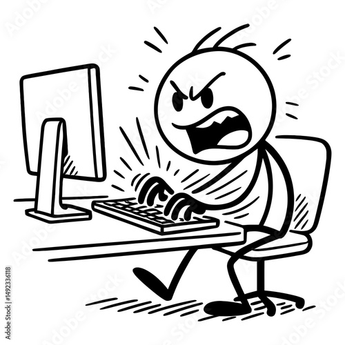 Cartoon stickman aggressively typing on keyboard, working fast at computer. Fun vector doodle style illustration of focused work.