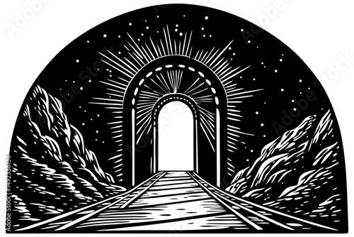 Silhouette of archway leading towards light with perspective design, archway, light, perspective, silhouette, illustration, vector, graphic, design, art, tunnel, passage, portal, opening, entrance, ab