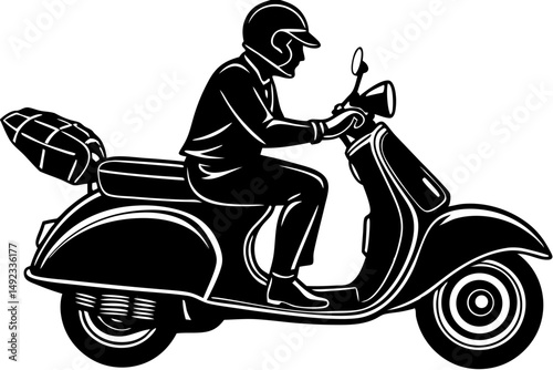Silhouette of vespa scooter rider in side profile design, vespa, scooter, rider, silhouette, side profile, vintage, classic, transportation, vehicle, two-wheeler, motorcycle, lifestyle, travel, retro,