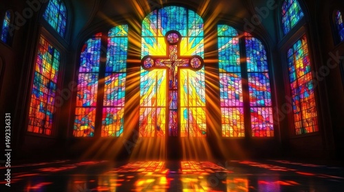 Colorful stained glass windows in a church interior with a radiant cross illuminated by sunlight casting vibrant reflections on the floor, evoking a serene and spiritual mood