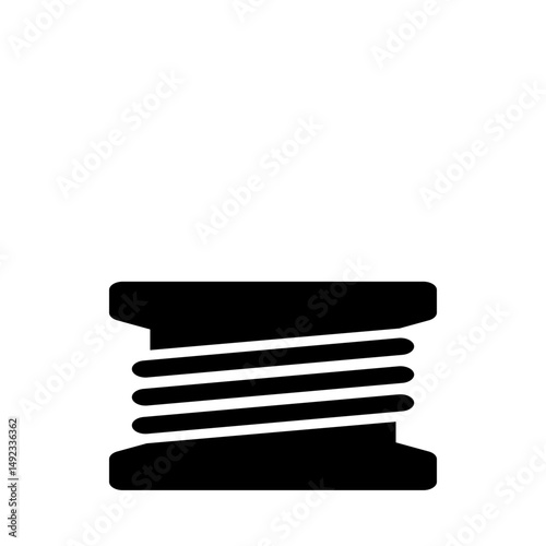 Illustration of a black thread spool with visible thread winding around the central core design element